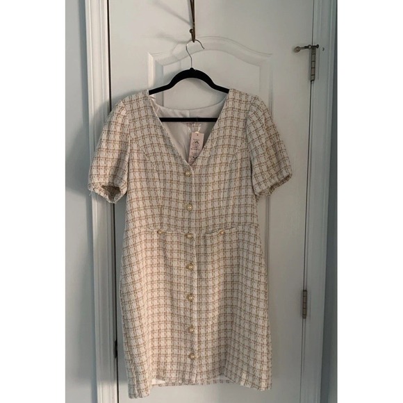NWT Nanette Lepore tweed dress Buttons style  14 classic elegant warm sand white - Picture 10 of 13
